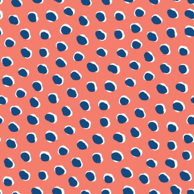 Soyut noktalar ve şekiller kusursuz vektör desenleri. Moda tekstil tasarımı hayvan derisi desenine benziyor. Mercan kırmızı zemin üzerinde mavi ve beyaz tonlarında modern çita baskısı.