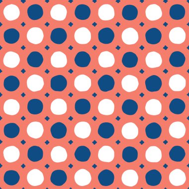 Mavi ve beyaz daireler, kırmızı arka planda, kusursuz vektör desenli mavi yıldızlar. Soyut el çizimi yuvarlak şekiller geometrik baskılar.