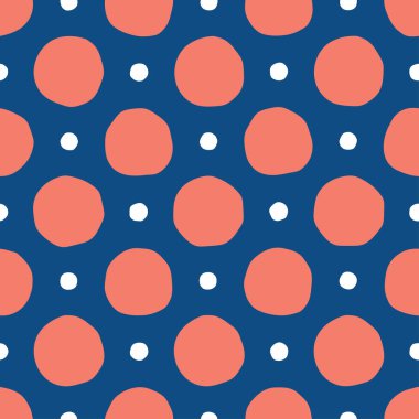 Mavi arka planda kırmızı daireler ve beyaz benekli noktalar soyut vektör deseninde. İskandinav tasarımından esinlenerek elde çizilmiş kusursuz geometrik vintage baskı.