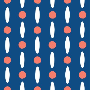 Kırmızı daireler ve beyaz ovalar soyut vektör deseni. Afrika sanatından esinlenilmiş boncuk çizgileriyle kusursuz el yapımı doku.