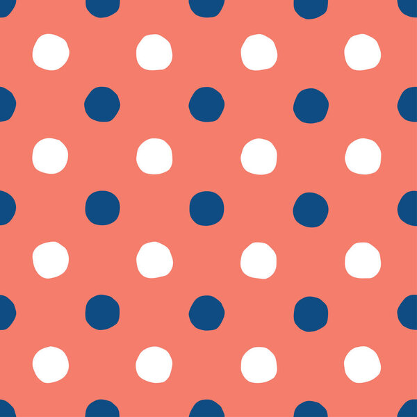 White and blue circles on a red background seamless vector pattern. Abstract hand-drawn geometric vintage print. Large scale polka dot cute repeating design.