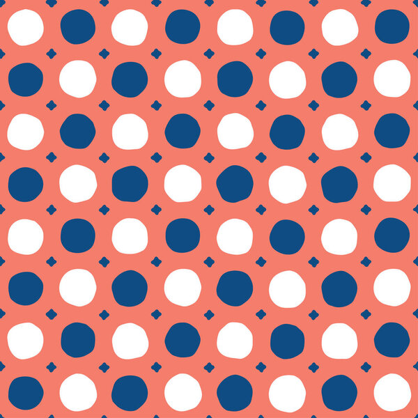 Blue and white circles with blue stars on a red background seamless vector pattern. Abstract hand-drawn round shapes geometric print.