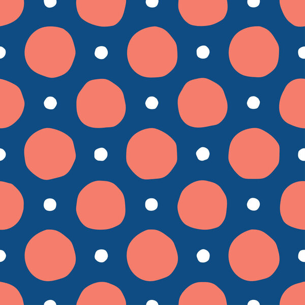 Red circles and white polka dots on a blue background abstract vector pattern. Seamless hand-drawn geometric vintage print inspired by Scandinavian design.