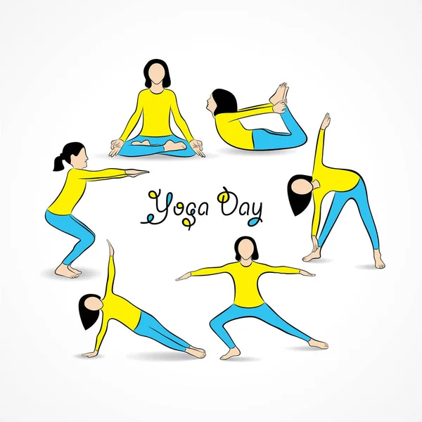 Uluslararası Yoga Günü Için Haziran Yogasan Yapan Kadının Resmi — Stok Vektör