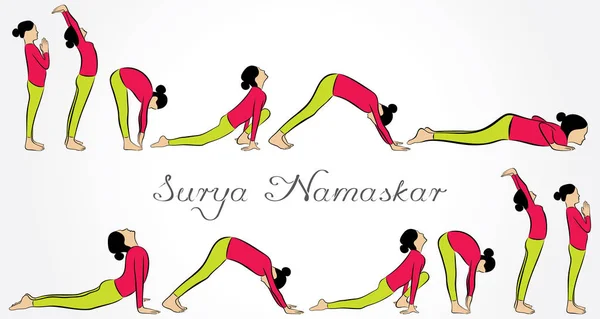 Ilustracja Kobiety Wykonującej Surya Namaskar Międzynarodowy Dzień Jogi — Wektor stockowy