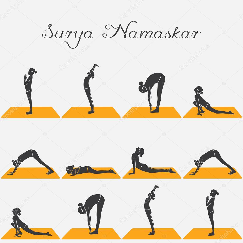 Illustration of woman doing SURYA NAMASKAR for International Yoga Day