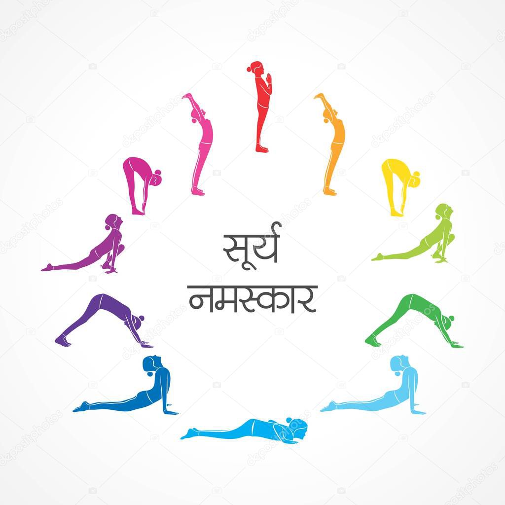 Illustration of woman doing SURYA NAMASKAR for International Yoga Day