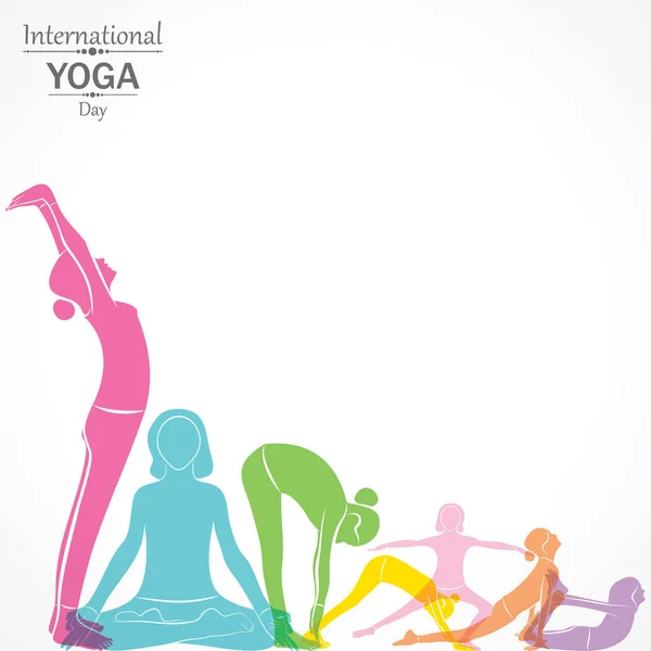 Ilustración de la mujer haciendo YOGASAN para el Día Internacional del Yoga — Vector de stock