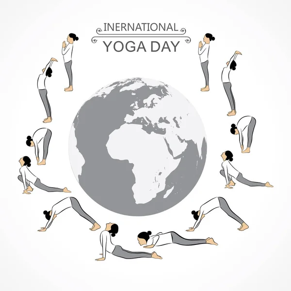 Illustrazione Una Ragazza Che Saluto Sole Giornata Internazionale Yoga Osservata — Vettoriale Stock