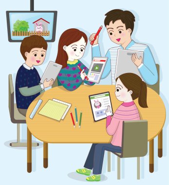 öğretmenler ve arkadaşlar ile eğlenceli bir dijital sınıf.