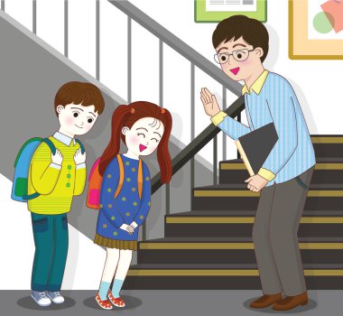 İlkokul öğrencileri koridorda öğretmenlerini kibarca selamlıyorlar..
