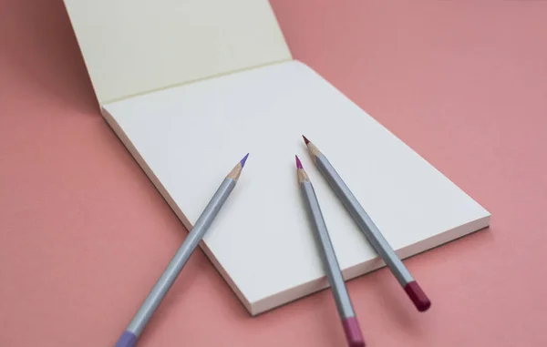 Pembe arka plan üzerinde kalemli defter.