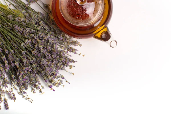 Heiße Teekanne mit Lavendel. Stockfoto