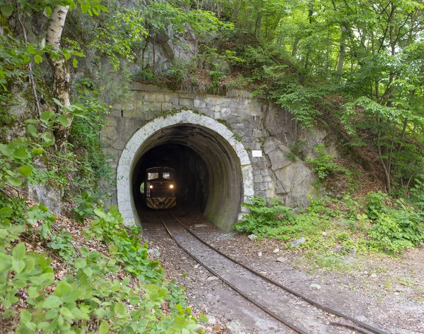 Pociąg Tunelu Kolejka Wąskotorowa Lillafüred Węgry — Zdjęcie stockowe