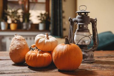 Ahşap tabelanın üzerinde turuncu balkabakları, cadılar bayramı sembolü..