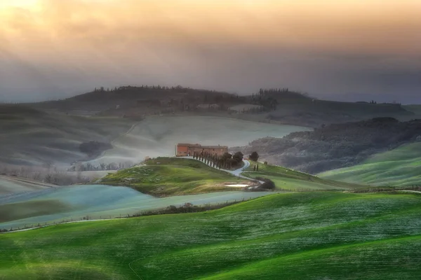 Vårböljande fält i Toscana. — Stockfoto