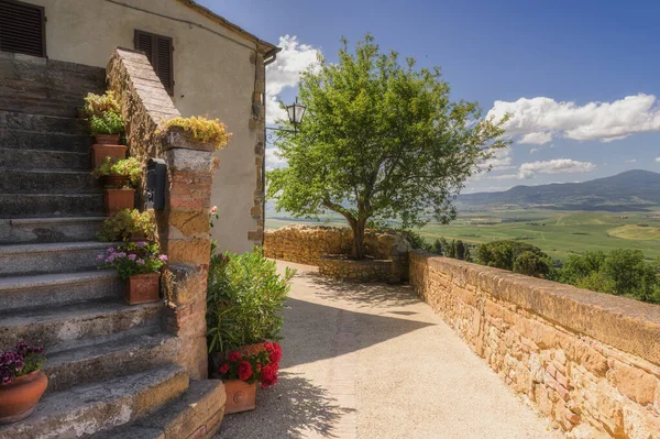 Çelişkili gölgeli, renkli çiçekli güneşli sokaklar. Toskana şehrinde yürü