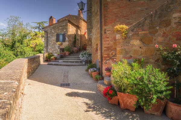 Sunny streets with colorful flowers with contrasting shades. Walk the Tuscan town — Stock Image Sunny Streets Colorful Flowers Contrasting Shades Walk Tuscan Town Royalty Free Stock Photos