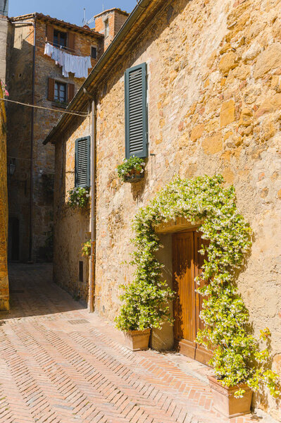 Sunny streets with colorful flowers with contrasting shades. Walk the Tuscan town — Stock Image Sunny Streets Colorful Flowers Contrasting Shades Walk Tuscan Town Stock Picture