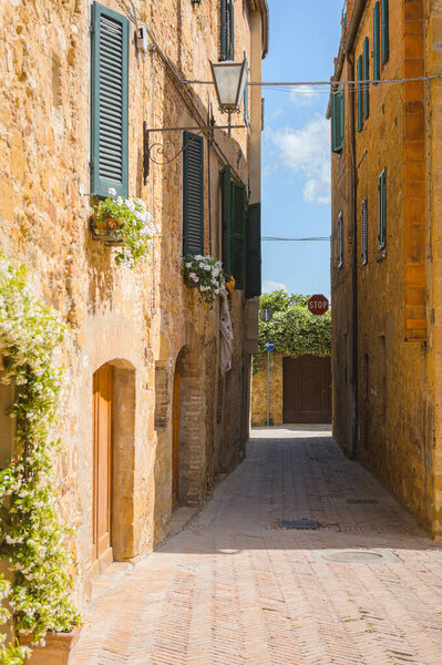 Sunny streets with colorful flowers with contrasting shades. Walk the Tuscan town — Stock Image Sunny Streets Colorful Flowers Contrasting Shades Walk Tuscan Town Stock Photo
