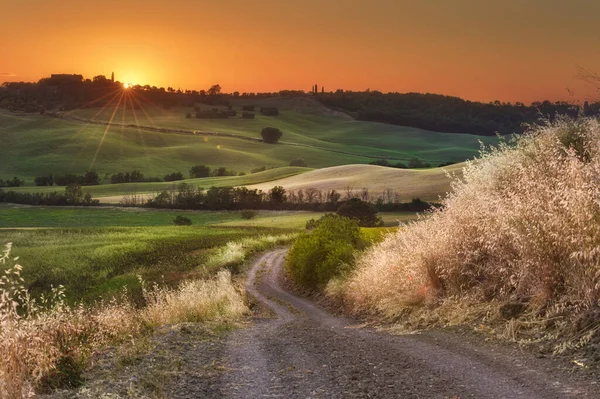 Pola Wiosenne Wzgórzach Zachodzie Słońca — Zdjęcie stockowe
