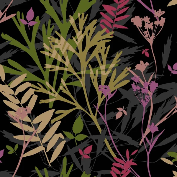 模板。有野花，树枝，树叶。黑的植物背景。明亮的对比度. — 图库照片