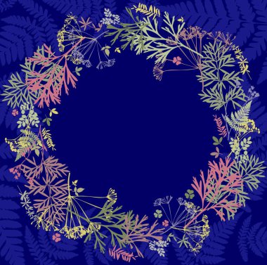 Kır çiçekleri, dalları, bir daire içinde yaprakları ile Herbaryum. Mavi arka planda Botanik, tebrik kartı, çelenk