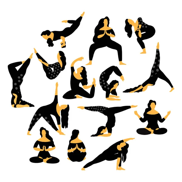 Yoga egzersizleri yapan kadının vektör siluetleri seti. Farklı yoga pozlar vücudunu germe esnek kız Simgeleri.