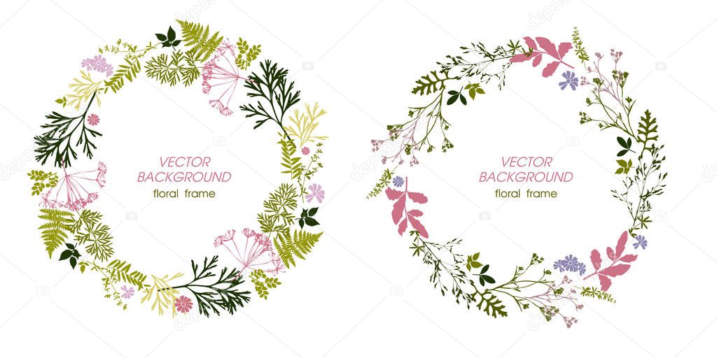 Greeting card with wreath of leaves, flowers and grass.