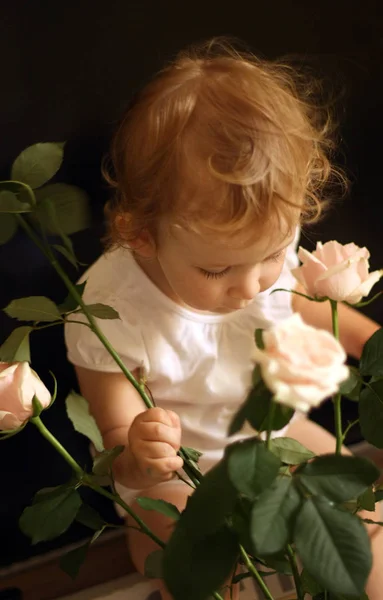 Kleines Baby mit weißen Rosen in ihren Händen. ein Mädchen im weißen T-Shirt sitzt auf schwarzem Hintergrund. — Stockfoto