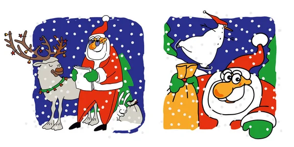 Vektorillustration des Weihnachtsmannes. 2 Optionen. Weihnachtsmann mit Hirsch, Schneemann und einem Sack voller Geschenke. — Stockvektor