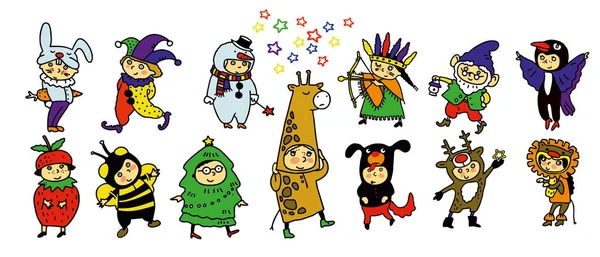 Noel kostümlü çocuklar. Neşeli çocuklar Noel ve kış tatillerini kutlarlar. Çizgi film yeni yıl partisi kostümü. Vektör