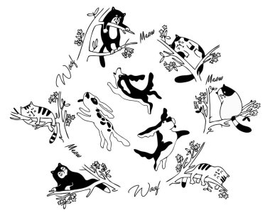 Komik köpekler ve sevimli kediler. Siyah beyaz hayvan karalamaları. Vektör çizimi. Bir grup kedi ve köpek. Çizgi film tarzı. Kediler ağaçların dallarında uyur, köpekler kedilere havlar, oynar, parkta zıplar. Özet biçimi.