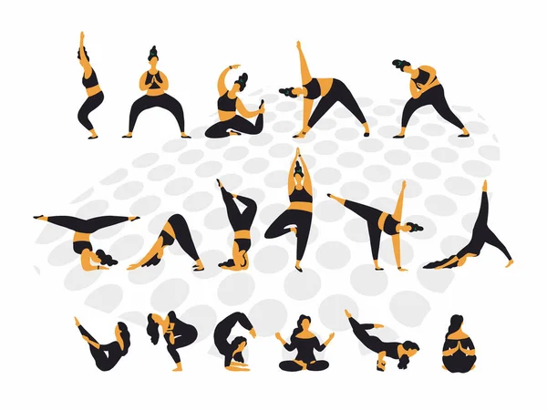 Yoga Tag Eine Reihe Von Yoga Posen Junge Frauen Machen — Stockvektor