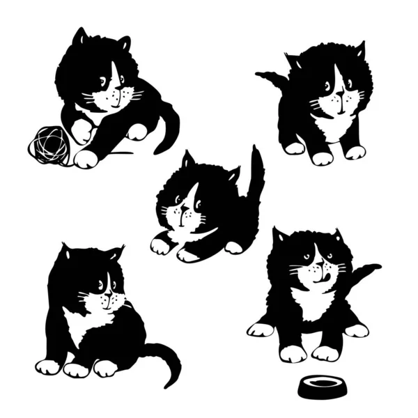 Cute Little Black Kitten White Spots Drawing Illustrations Children Flat — Stock Vector