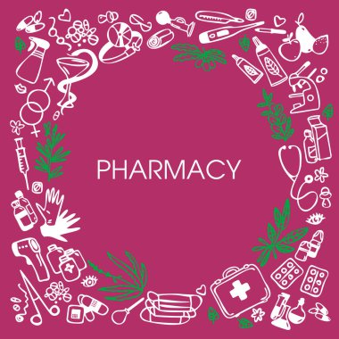Eczane. Tıbbi sembollerle donatılmış bir geçmiş. Tıbbi malzemelerin ve eczane ikonlarının vektör çizimi. Taslak tarzı. Pankart. Poster. Sağlık hizmetleri arka planda vektör ikonu. Boşluğu kopyala.