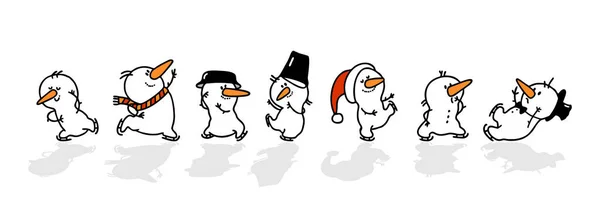 Beyaz arka planda izole edilmiş bir grup Noel kardan adamı. Bir grup sevimli kaykaylı kardan adam. Mutlu yıllar, eğlenceli bir Noel tasarım unsuru.