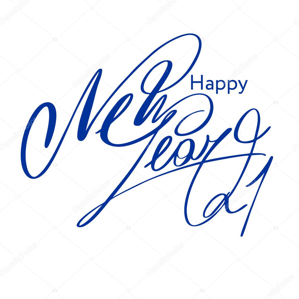 Happy New Year 2020. Handwritten blue letters on a white background. Vector illustration.