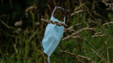 COVID-19 Vahşi Çimenlerde Yakalanmış Ameliyat Maskesi. Kirli, yırtık, tek kullanımlık bir kağıt maske kırsal bir ortama çöp atıyor..