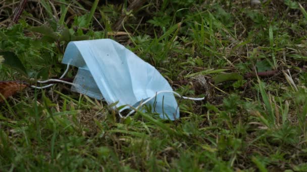 Covid Disposed Surgical Mask Caught Wild Grass Брудна Перерізана Одноразова — стокове відео