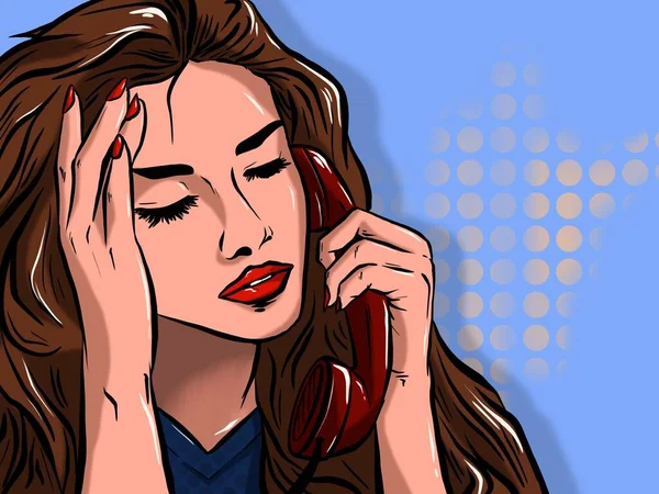 İllüzyon. Koyu saçlı bir kadın telefonda konuşuyor. Pop Art. Retro.