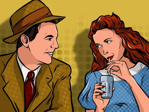 Illustration Homme Une Femme Boivent Cocktail Regardent Pop Art Rétro — Photo