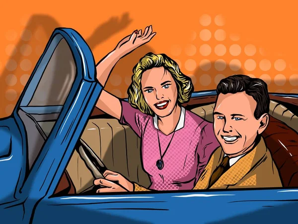 Illustration Mand Kvinde Kører Blå Bil Pop Art Retro - Stock-foto