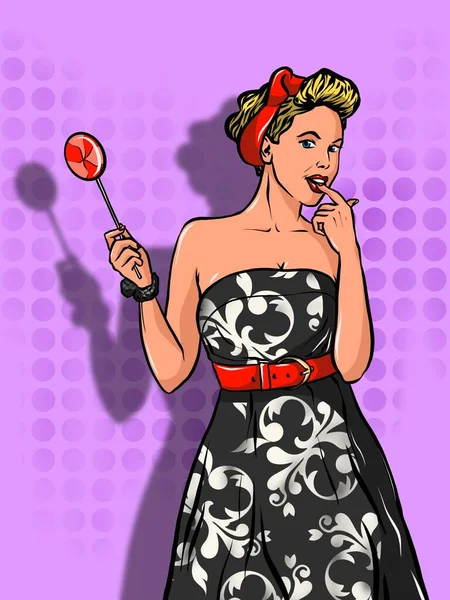 Ilustracja Dziewczyna Czarnej Sukience Lizakiem Ręku Sztuka Pop — Zdjęcie stockowe
