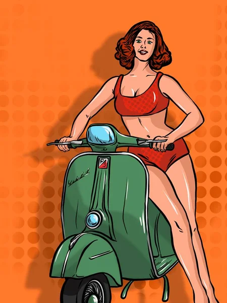 Illustration. Girl with a moped. Pop Art.