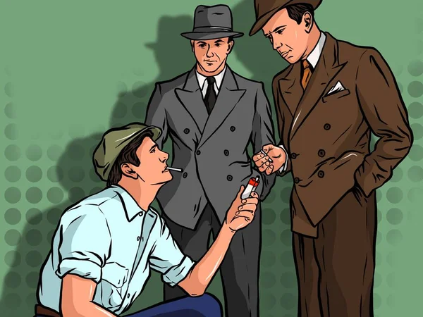 İllüzyon. Takım elbiseli adamlar sokakta çalışan bir işçiden sigara istiyor. Pop Sanat.