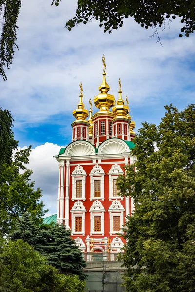Moskova. Parktan Novodevichy Manastırı 'nın duvarları ve kiliseleri görünüyor. Novodevichya seti
