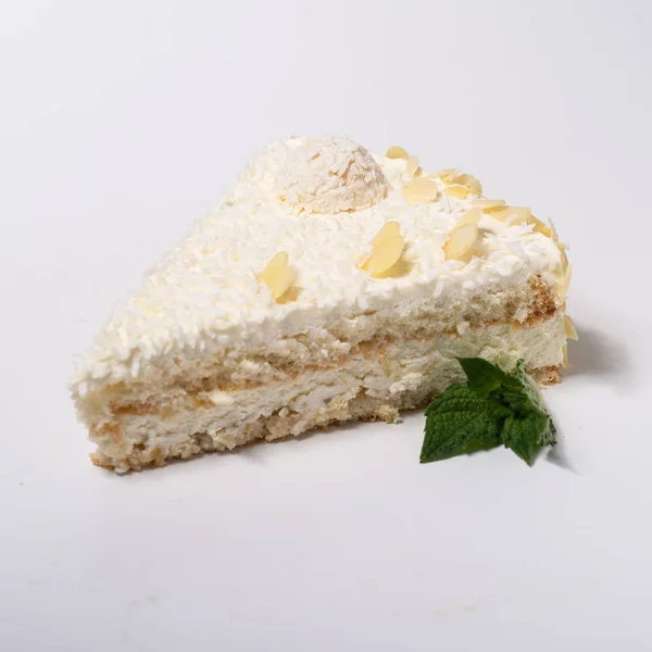 Kuchen Lebensmittel Dessert Süß Weiß Kuchen Scheibe Sahne Teller Gebacken — Stockfoto