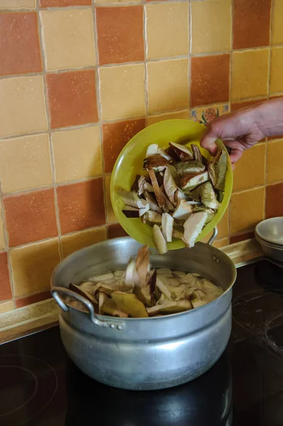 부엌에서 버섯을 요리하는 — 스톡 사진