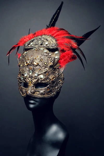 iron mask with precious stones and feathers